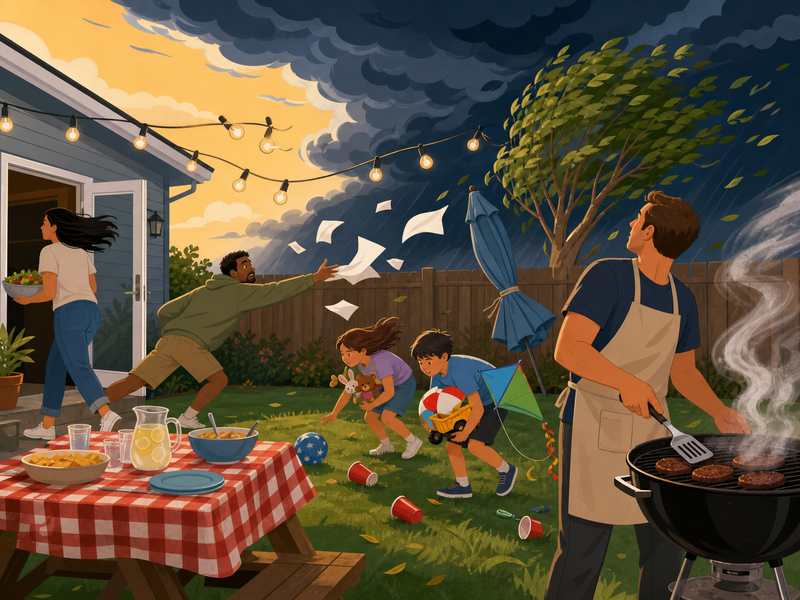 Illustrated scene of a backyard barbecue with guests reacting to wind and dark storm clouds gathering overhead