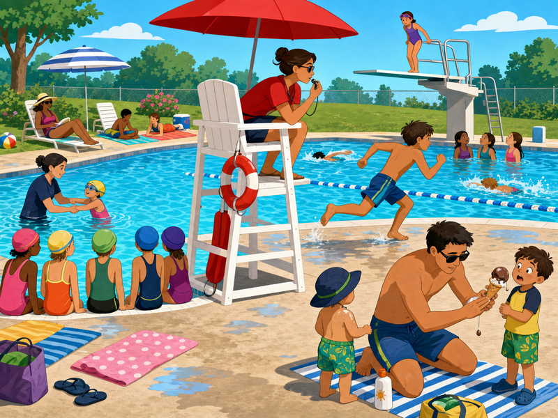 Illustrated scene of a busy outdoor community pool with a lifeguard, a children's swim lesson, and families on the deck