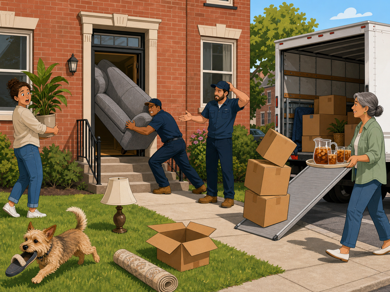 Illustrated scene of movers manoeuvring a couch stuck in a townhouse doorway on moving day, with a moving truck and boxes nearby