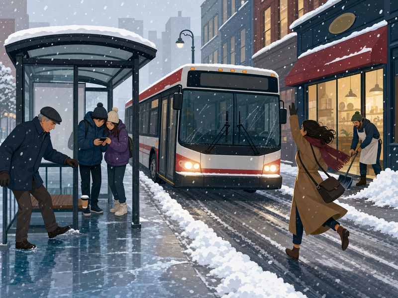 Illustrated scene of a snowy city bus stop in the morning with a bus approaching and pedestrians on an icy sidewalk
