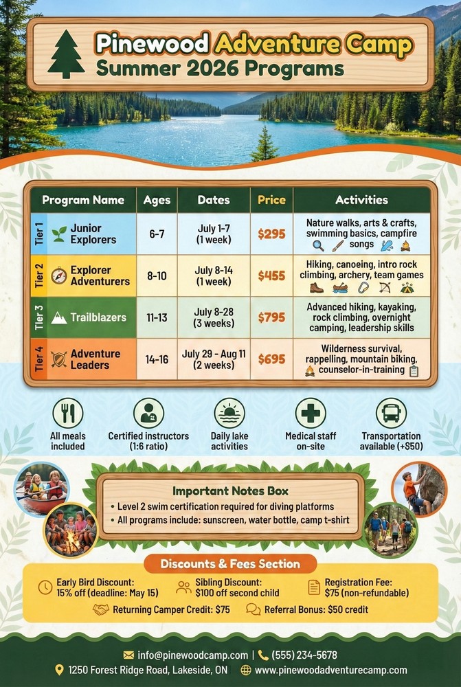 CELPIP Reading Part 2 sample diagram: Pinewood Adventure Camp summer programs with four age-based programs, dates, prices and activities, camp features, an important notes box, and discounts and fees