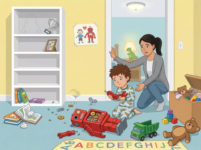 Illustrated child's bedroom with a red tin wind-up robot lying broken on the floor, its chest panel open to show brass gears, with a spring, gears, screws and a wind-up key scattered nearby, a sad boy in dinosaur pyjamas holding one of its arms, and his mother kneeling beside him