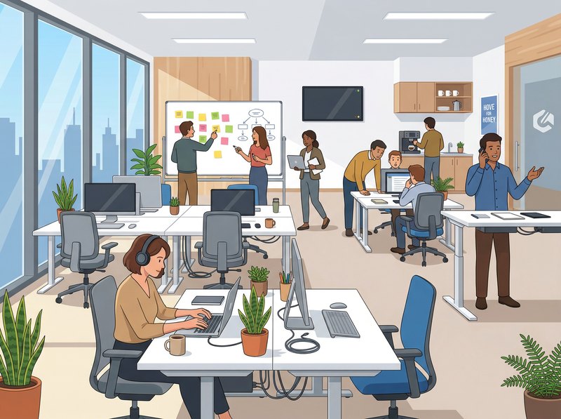 Illustrated open-plan office: a woman with a headset typing in the foreground, two colleagues at a whiteboard of sticky notes, a man on the phone on the right and someone making coffee at the back