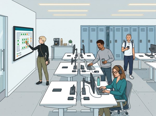 Illustrated hot-desking workspace with a wall screen showing a desk-booking map, unassigned desks, and lockers along the back wall