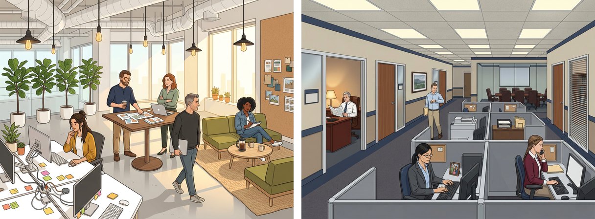 Two illustrated office layouts side by side: on the left an open-plan office with plants, pendant lights, a standing meeting table and a lounge corner; on the right a traditional office with a private office, cubicles and a boardroom