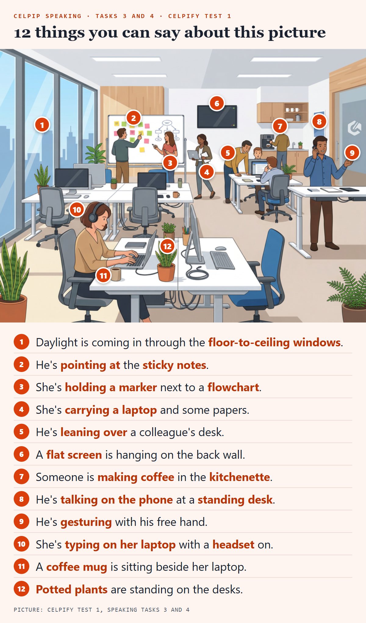 Celpify Test 1 busy office picture with 12 numbered labels: floor-to-ceiling windows, a man pointing at sticky notes, a woman holding a marker next to a flowchart, a woman carrying a laptop, a man leaning over a desk, a flat screen, someone making coffee in a kitchenette, a man on the phone at a standing desk gesturing with his free hand, a woman typing with a headset on, a coffee mug and potted plants
