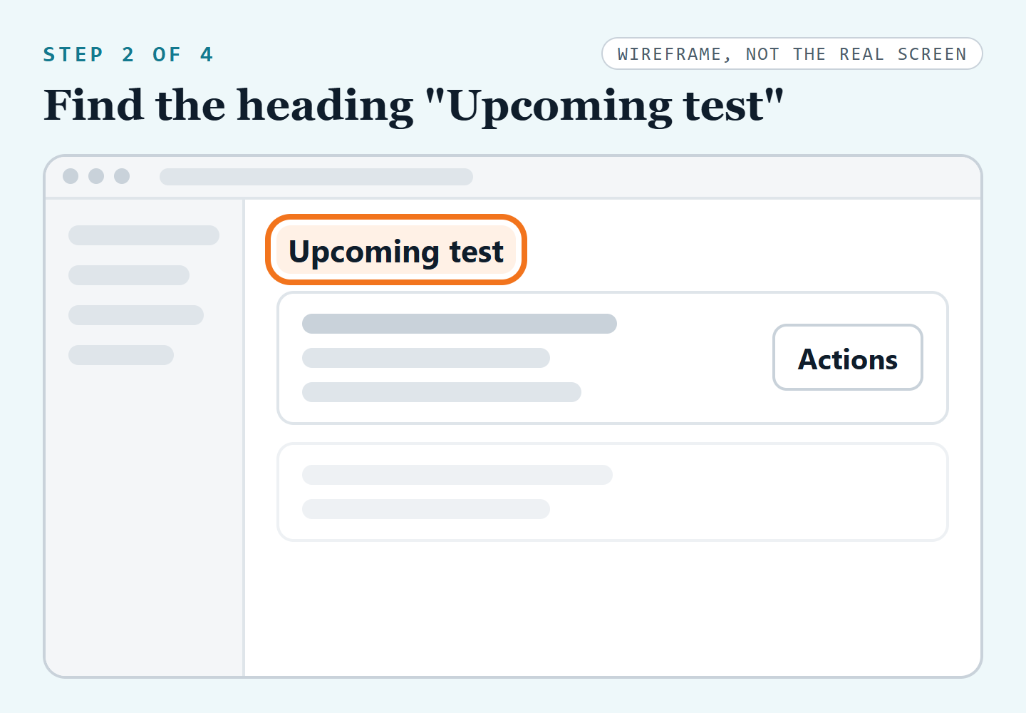 Wireframe, step 2 of 4: an account page with the heading Upcoming test highlighted above a booking card that has an Actions button